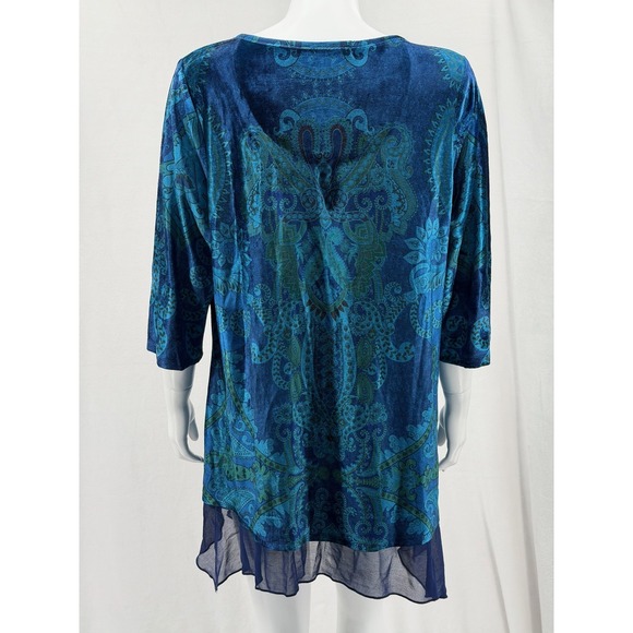 One World Top Womens 1X Blue Green Paisley Velour Tunic Boho Hippie Stretch - Picture 5 of 10